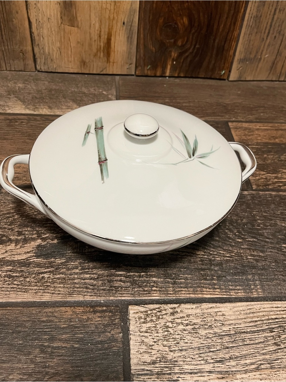 Sango White Covered Casserole with Green Bamboo and Silver Trim